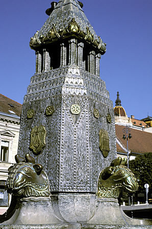 Zsolnay (Rams Head) Fountain (c1912) in Pécs features a fluorescent eosin glaze. Hungary.