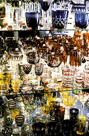 Colored crystal goblets in a shop in Pécs. Hungary.
