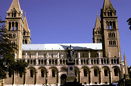 Szent Péter Székesegyház Cathedral in Pécs with unusual four corner towers & side entrance. Hungary.