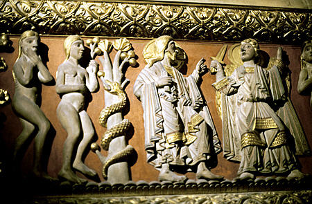 Adam & Eve carving in Szent Péter Székesegyház Cathedral, Pécs. Hungary.
