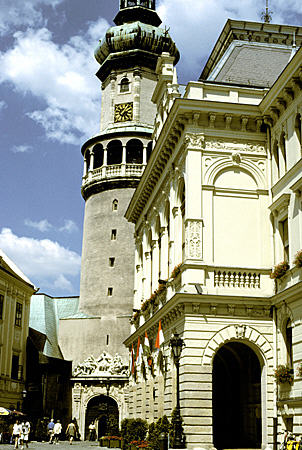 City Hall & Firetower which is symbol of Sopron Roman Foundation, has 14th C square base with Renaissance style Onion dome (1681-2). Hungary.