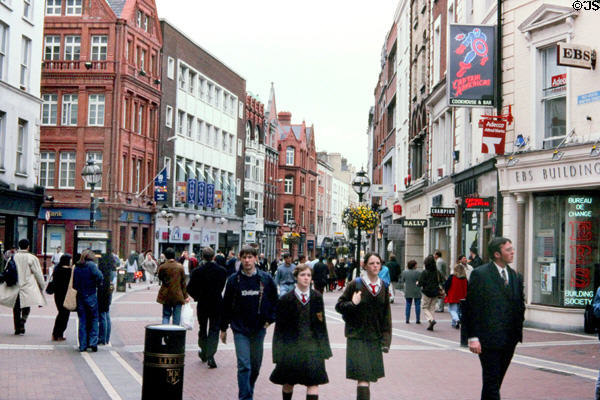 Grafton Street shops along pedestrian area. Dublin, Ireland.