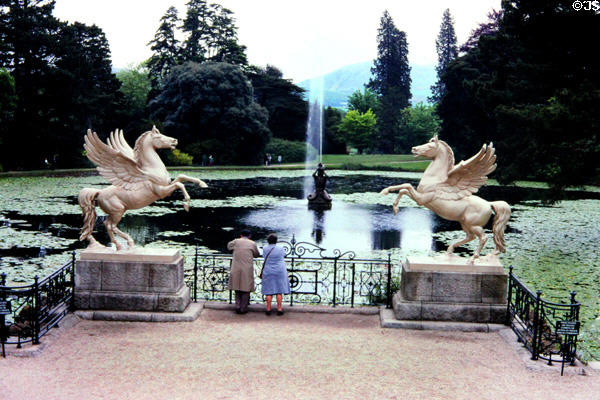 Fountain & statues within Powerscourt Gardens, south of Dublin. Ireland.