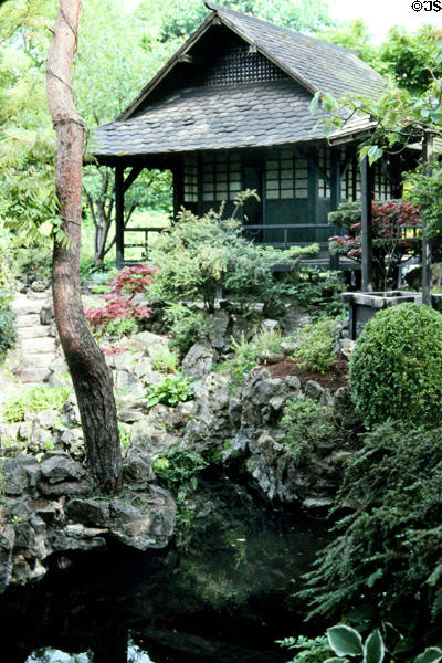 Wooden Japanese-style building within Tully Japanese Garden. Tully, Ireland.