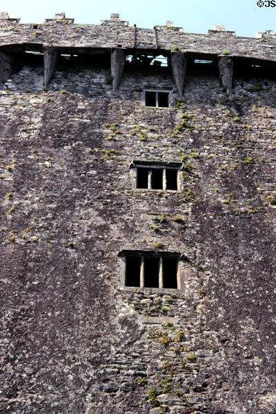 Exterior of Blarney Castle with stone located where sky shows through above top window. Ireland.