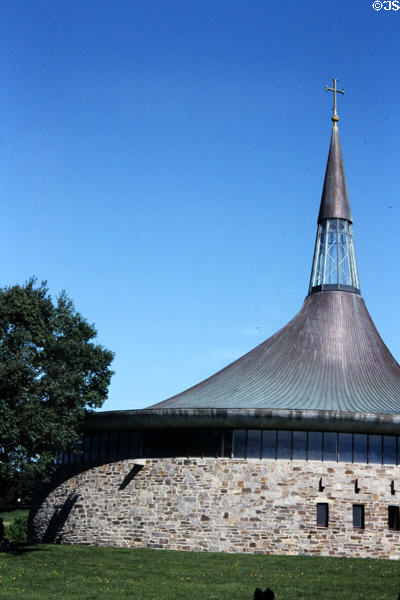 Modern round St Aengus church (1967) near Grianan of Aileach. Ireland. Architect: Liam McCormick.