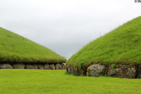 Carved Neolithic stones encircling tombs at Knowth. Ireland.