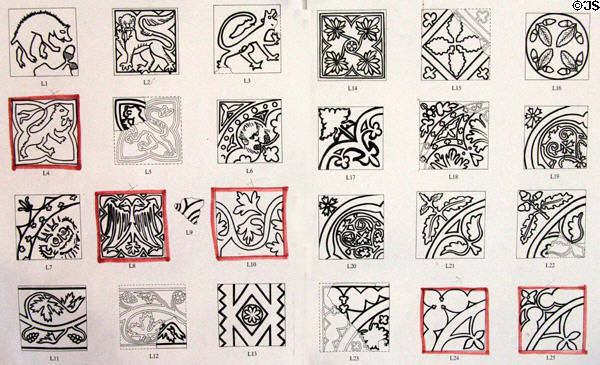 Medieval floor tile designs with red circling those found at Old Mellifont Abbey. Ireland.