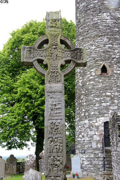 West high cross (10thC) used by early monks to teach biblical stories at Monasterboice near round tower. Ireland.