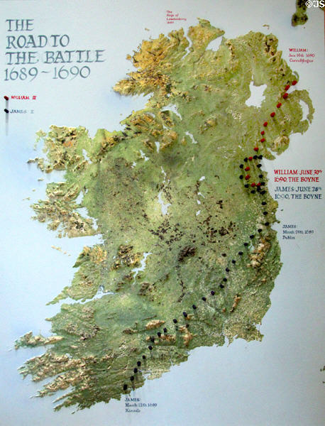 Map of routes taken after landing in Ireland by forces of William III south from Carrickfergus & James II north from Kinsale at Battle of the Boyne museum. Ireland.