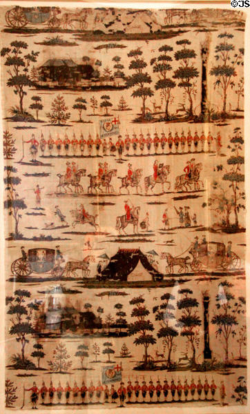 Printed fabric (1782) portraying volunteer local militia formed during American War of Independence to defend Ireland from possible French invasion while regular troops were in America at Castletown House. Ireland.