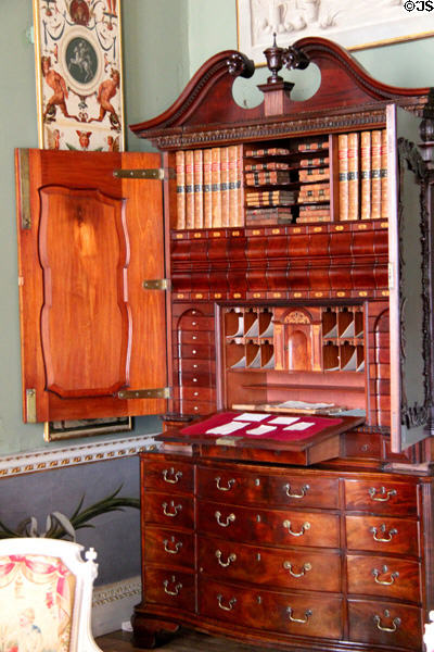 Bookcase & secretary desk with pull out writing surface plus filing drawers in Boudoir at Castletown House. Ireland.