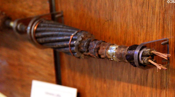 Sample of submarine communication cables with layers to protect wiring from teredo worms at Hurdy Gurdy Museum of Vintage Radio. Howth, Ireland.