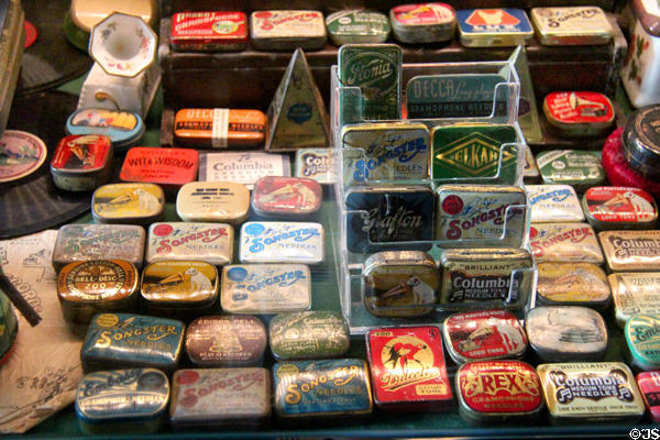 Collection of boxes in which gramophone needles were sold at Hurdy Gurdy Museum of Vintage Radio. Howth, Ireland.