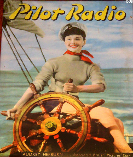 Poster for Pilot Radio features Audrey Hepburn at Hurdy Gurdy Museum of Vintage Radio. Howth, Ireland.