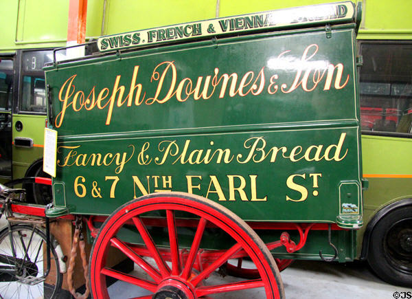 Horse-drawn two-wheeled door-to-door bread delivery van (c1920) for Joseph Downes & Son Ltd. (1876) at National Transport Museum. Howth, Ireland.