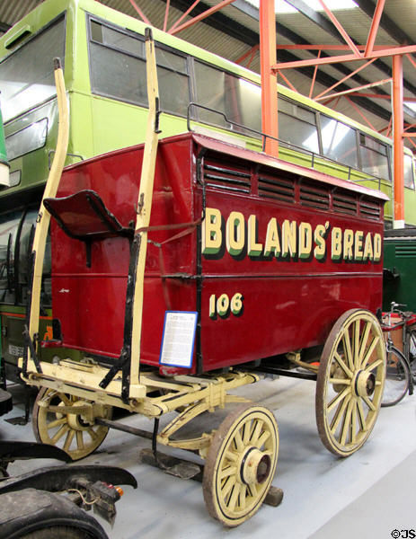Horse-drawn four-wheeled door-to-door bread delivery van (c1926-56) for John Boland (1823) at National Transport Museum. Howth, Ireland.