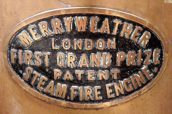 Maker's plaque on Merryweather steam fire engine pumper (c1899) at National Transport Museum. Howth, Ireland.