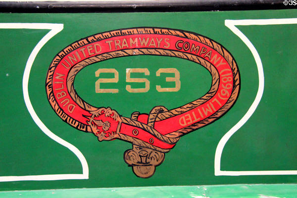 Logo of Dublin United Tramways Company on side of rail car at National Transport Museum. Howth, Ireland.