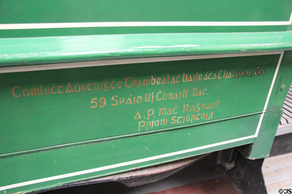Irish language inscription on side of tram car at National Transport Museum. Howth, Ireland.