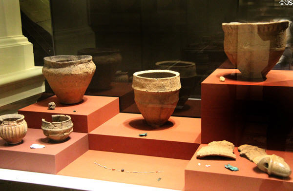 Ceramic finds from Mound of Hostages (c3000 BCE) passage tomb on Hill of Tara at National Museum of Ireland Archaeology. Dublin, Ireland.