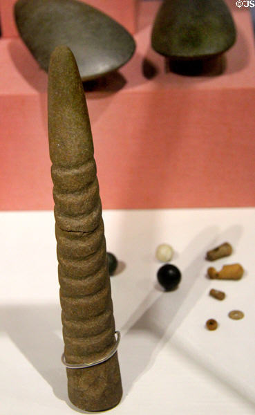 Decorated stone spike (3000-2000 BCE) from passage tomb in Knowth at National Museum of Ireland Archaeology. Dublin, Ireland.