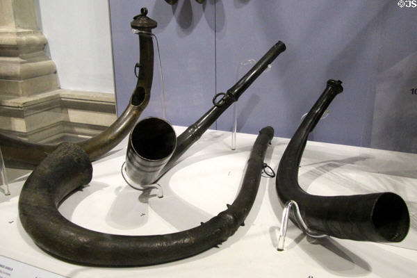 Bronze end-blown horns (900-500 BCE) from various Irish sites at National Museum of Ireland Archaeology. Dublin, Ireland.