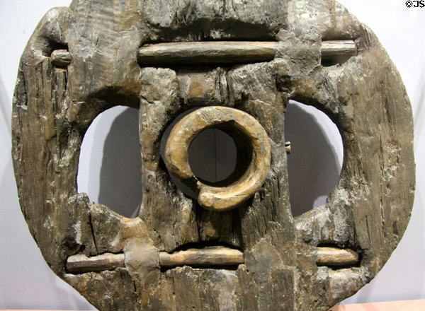 Wooden block-wheel (400 BCE) from Doogarymore at National Museum of Ireland Archaeology. Dublin, Ireland.