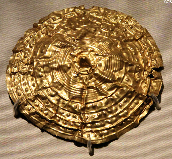 Gold disk perhaps from collar (c800-700 BCE) from Armagh at National Museum of Ireland Archaeology. Dublin, Ireland.
