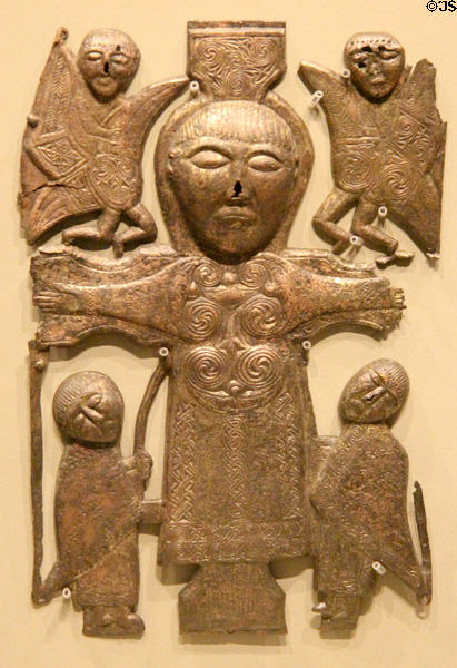 Bronze crucifixion plaque (8thC) from Roscommon at National Museum of Ireland Archaeology. Dublin, Ireland.