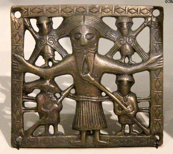 Copper alloy crucifixion plaque (11thC) possibly from Killaloe at National Museum of Ireland Archaeology. Dublin, Ireland.