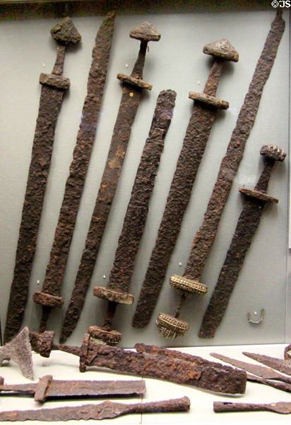Viking iron swords found in Dublin burials (841 onward) at National Museum of Ireland Archaeology. Dublin, Ireland.