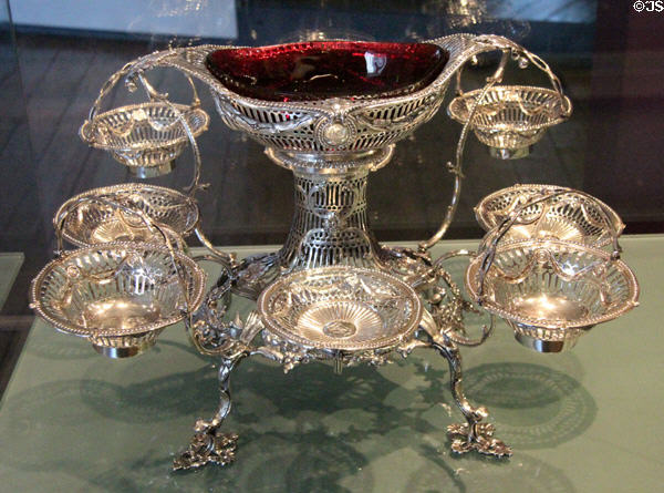 Silver & red glass epergne (1775) by John Locker of Dublin at National Museum Decorative Arts & History. Dublin, Ireland.