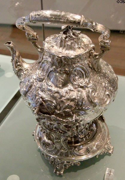 Silver tea kettle & stand (1849) possibly by Joseph Mahony of Dublin at National Museum Decorative Arts & History. Dublin, Ireland.