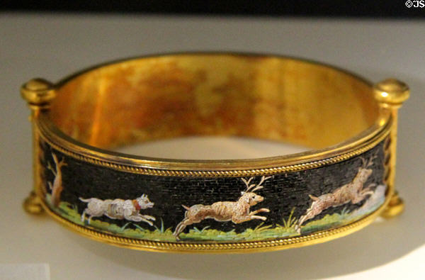 Gold bracelet with micro-mosaic scene of dog chasing deer (c1870-80) at National Museum Decorative Arts & History. Dublin, Ireland.