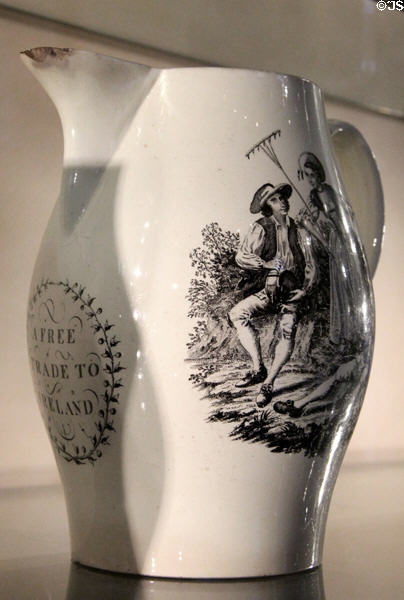 Creamware 'A Free Trade to Ireland" jug (c1780) from Leeds at National Museum Decorative Arts & History. Dublin, Ireland.