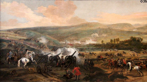 Battle of the Boyne (July 1, 1690) painting (1693) by Jan Wyck where armies of King William III fought those of King James II at National Gallery of Ireland. Dublin, Ireland.