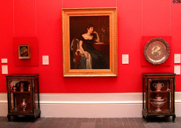 Lady Morgan portrait (c1818) by René Théodore Berthon flanked by decorative arts at National Gallery of Ireland. Dublin, Ireland.