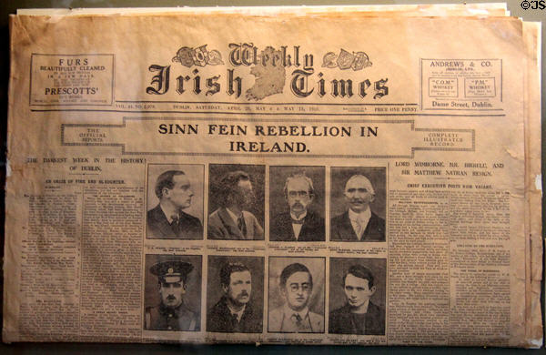 Irish Times newspaper (May 1916) reporting Sinn Fein Easter Rising with photos of leaders at Kilmainham Gaol Museum. Dublin, Ireland.