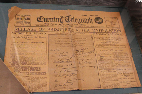 Evening Telegraph newspaper (Dec. 7, 1921) reporting Anglo-Irish peace treaty at Kilmainham Gaol Museum. Dublin, Ireland.