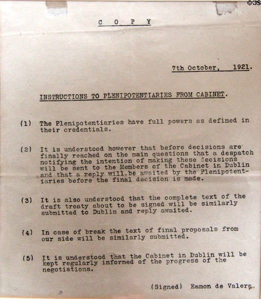 Instructions to Dáil Plenipotentiaries signed Oct. 7, 1921 by Eamon de Valera instructing Michael Collins, et al on Anglo-Irish Treaty reporting at Little Museum of Dublin. Dublin, Ireland.