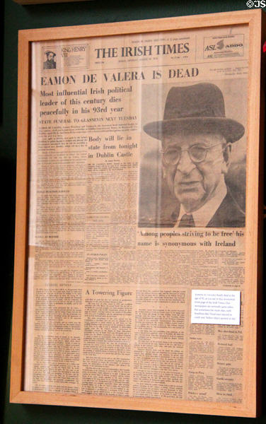Irish Times newspaper (Aug. 30, 1975) headlines death of Eamon de Valera at Little Museum of Dublin. Dublin, Ireland.