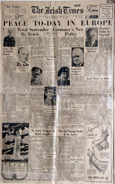 Irish Times (May 8, 1945) reports end of WWII in Europe at Little Museum of Dublin. Dublin, Ireland.