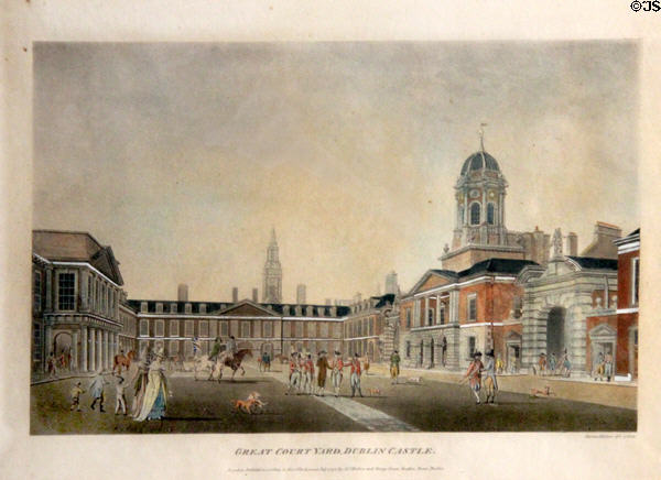 Great Court Yard, Dublin Castle aquatint print (early 1790s) by James Malton at Little Museum of Dublin. Dublin, Ireland.
