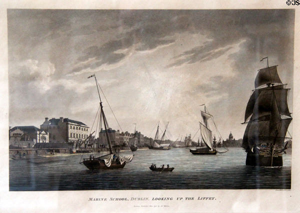 Marine School, Dublin. Looking up the Liffey aquatint print (1796) by James Malton at Little Museum of Dublin. Dublin, Ireland.