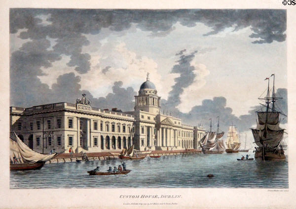 Custom House, Dublin aquatint print (1792) by James Malton at Little Museum of Dublin. Dublin, Ireland.