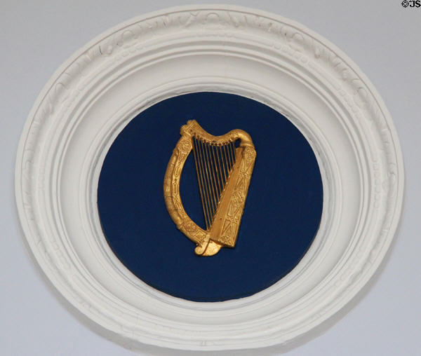 Coat of arms of Ireland with Irish harp at Aras an Uachtarain. Dublin, Ireland.