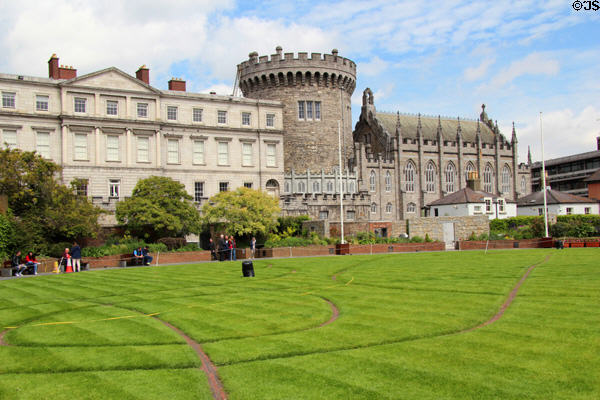 State Apartments, Record Tower & Chapel Royal seen over Dubblinn Gardens at Dublin Castle. Dublin, Ireland.