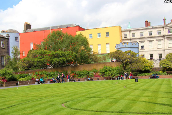 Colorful buildings over Dubblinn Gardens at Dublin Castle. Dublin, Ireland.