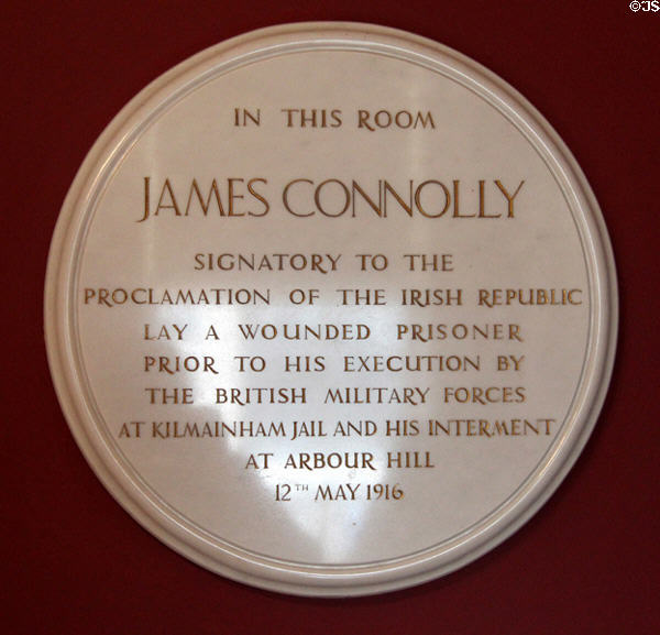 Plaque marking room in which wounded James Connolly was held prior to his execution after 1916 Easter Rising at Dublin Castle. Dublin, Ireland.
